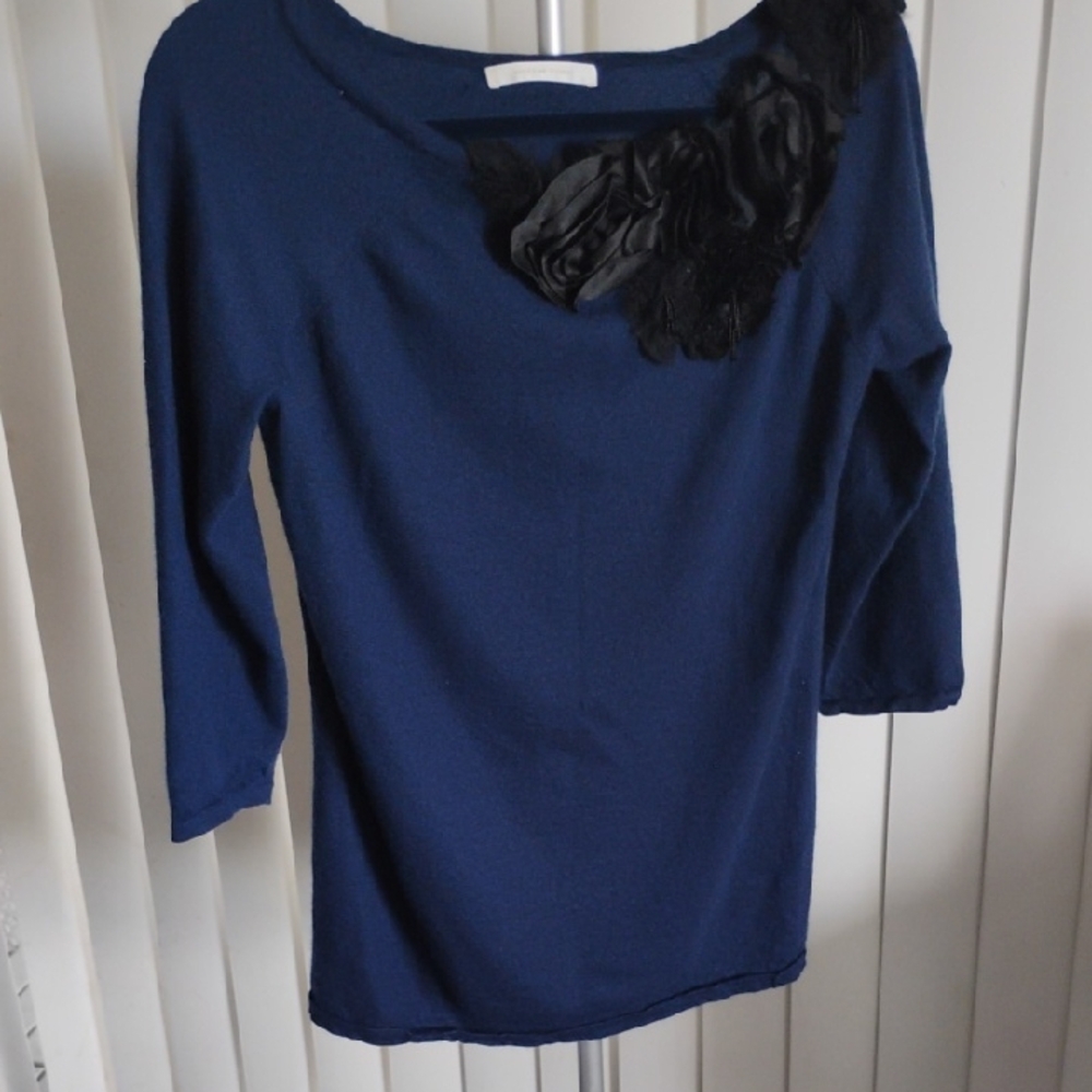 Naeem Khan Midnight Blue Top with Black Floral Detail